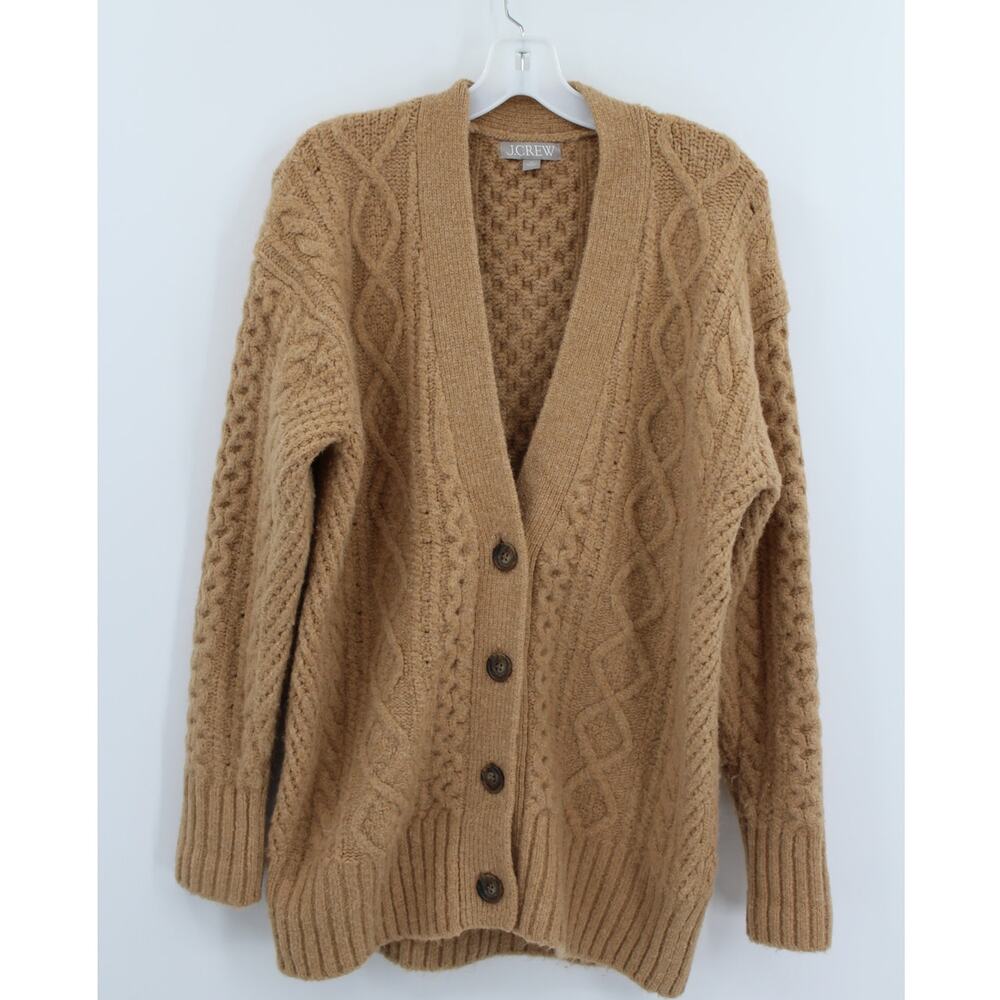 J. Crew Cable-knit stretch cardigan sweater Wool Alpaca Womens XS Brown Camel